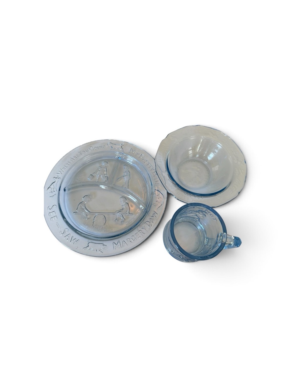 Tiara Translucent Blue Children's Nursery Rhyme Divided Plate, Bowl & Cup Set
